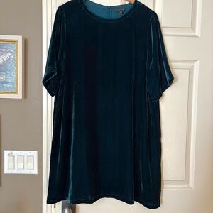 EILEEN FISHER Teal Velvet Shirt Dress Size L  Short Sleeve Relaxed Fit
